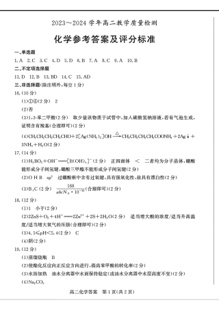 2024年枣庄高二期末 化学答案.pdf