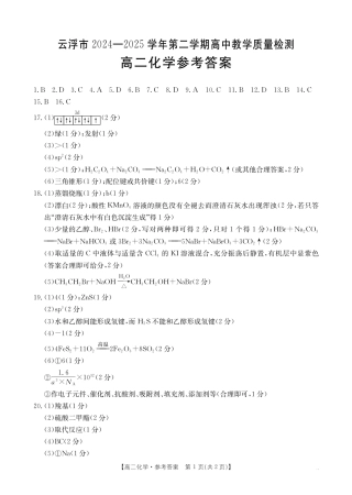 广东省云浮市2024-2025学年高二下学期高中教学质量检测 化学答案.pdf