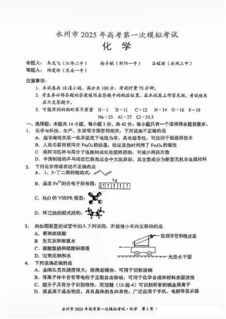 湖南省永州市2024-2025学年高三上学期一模化学试卷+参考答案及评分标准.pdf