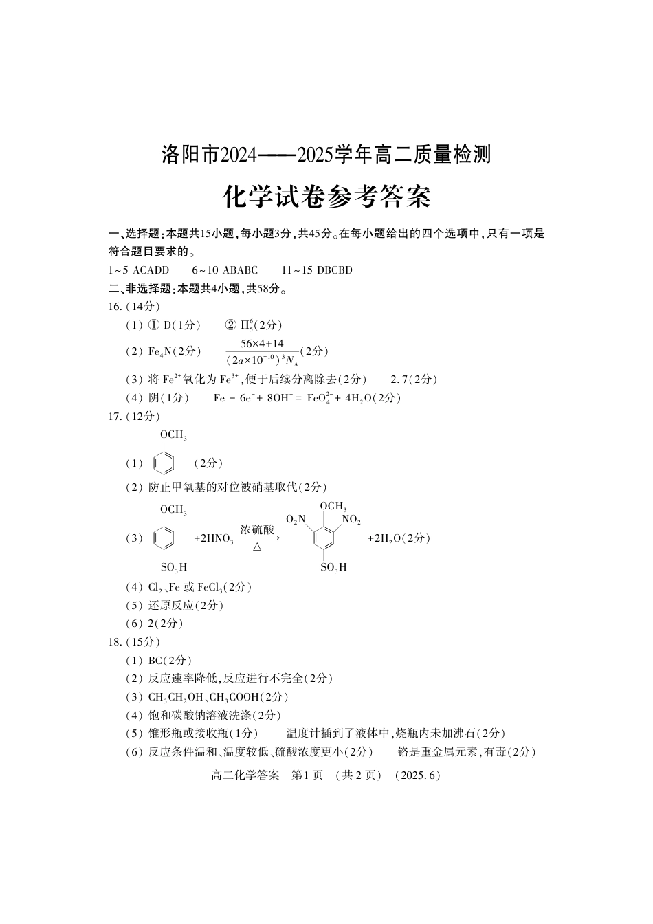 洛阳2024-2025学年6月高二质量检测-化学答案.pdf_第1页