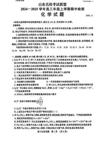 山东省名校考试联盟2024-2025学年高三上学期期中考试化学+答案.pdf