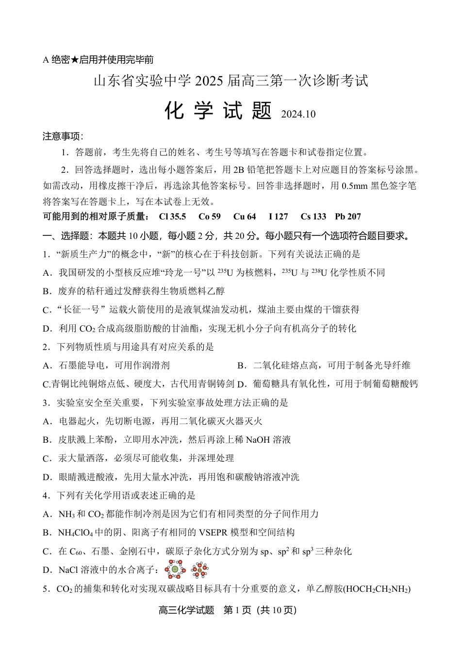 2024年10月高三 实验一诊化学试题.pdf_第1页