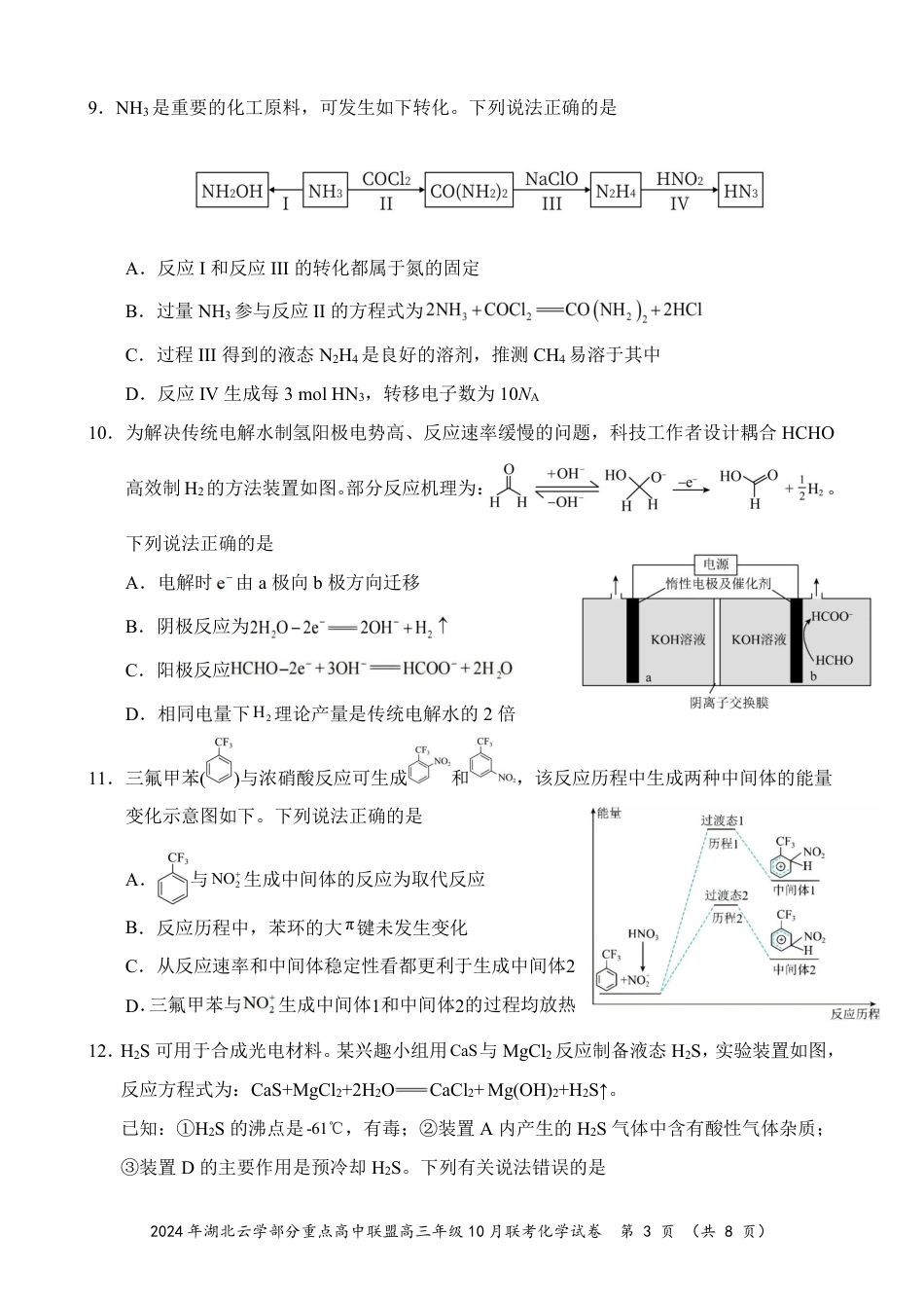 2024年湖北云学部分重点高中联盟高三年级10月联考化学试题.pdf_第3页