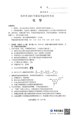 2025届湖南省长沙市高三上学期新高考适应性考试化学试题.pdf
