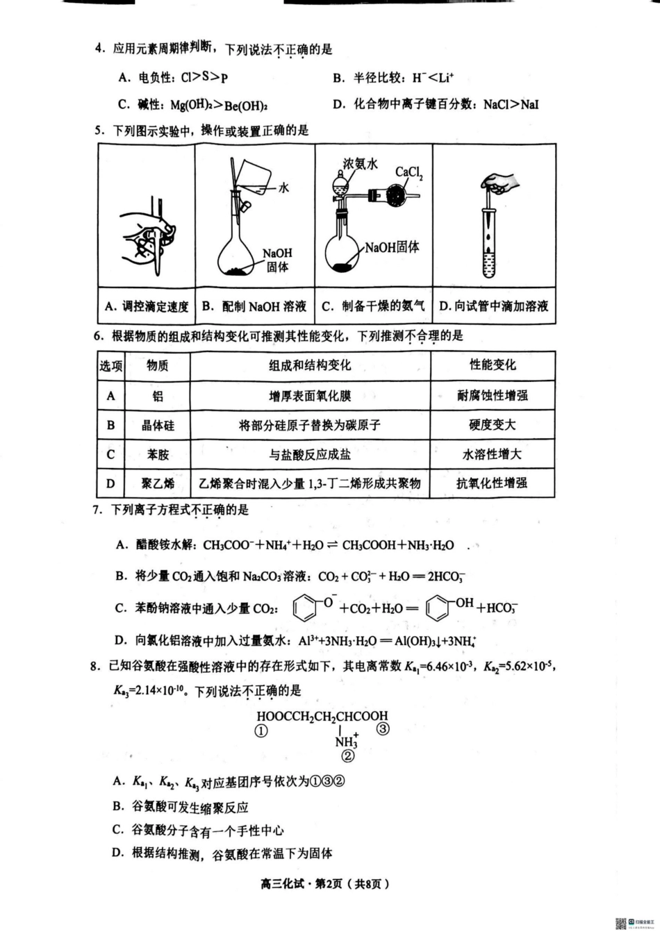 2025届浙江省杭州市高三二模教学质量检测 化学试卷 （含答案）.pdf_第2页