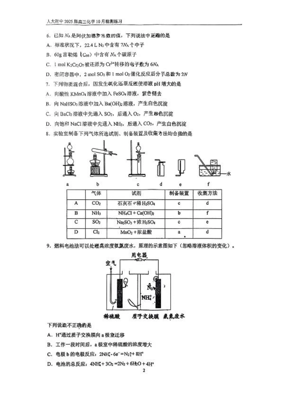 北京市中国人民大学附属中学2025届高三年级10月质量检测练习化学试卷+答案.pdf_第2页