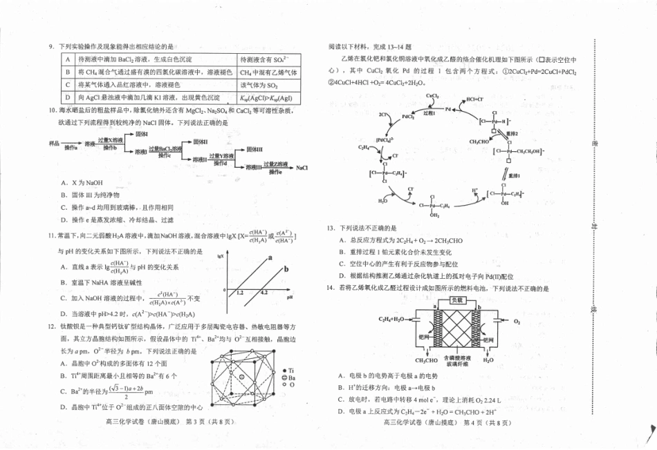 河北省唐山市2024-2025学年高三上学期开学考试化学试题.pdf_第2页