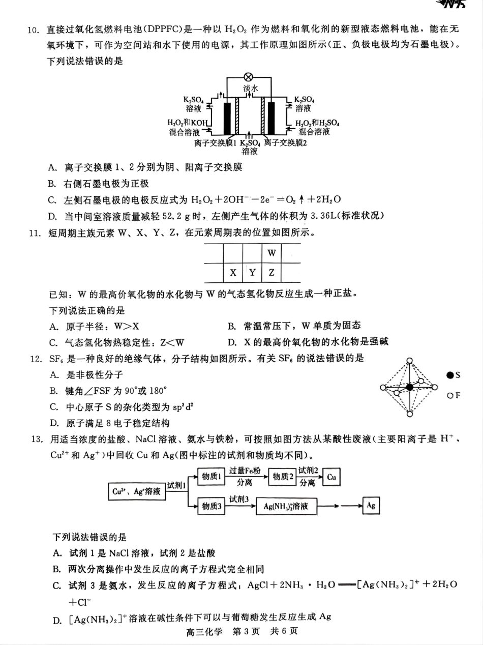河北省新时代NT教育2024-2025学年高三上学期入学摸底测试 化学试卷（无答）.pdf_第3页