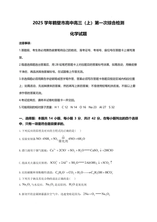 河南省鹤壁市高中2024-2025学年高三上学期第一次综合检测化学试题+答案.pdf