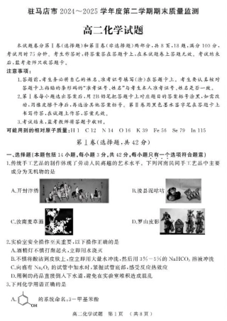 河南省驻马店市2024-2025学年高二下学期期末质量检测化学试题（含答案）.pdf