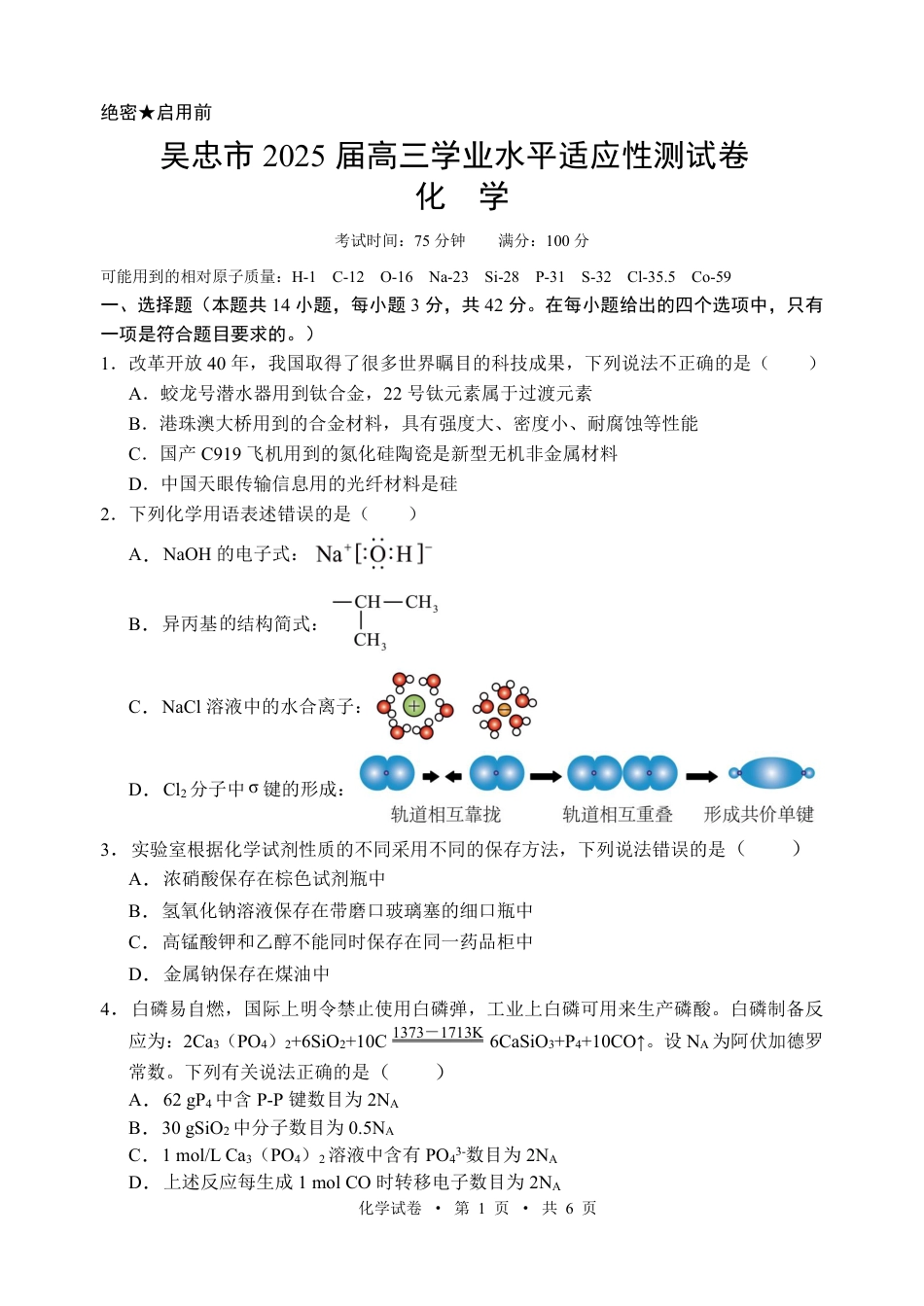 宁夏吴忠市高三上学期学业水平适应性考试化学.pdf_第1页