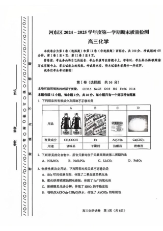天津市河东区2024-2025学年高三上学期期末质量检测化学+答案.pdf