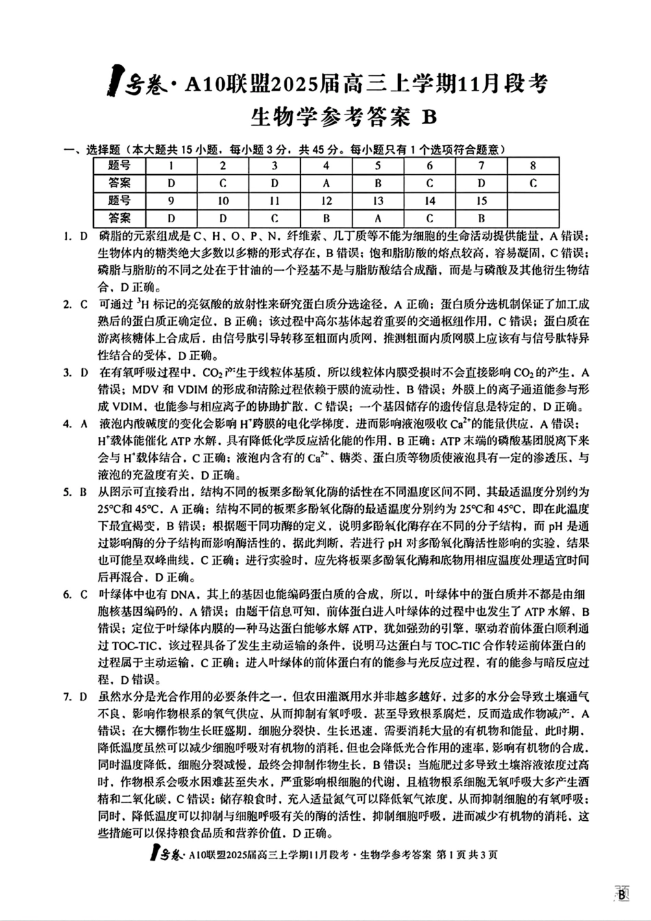 安徽A10联盟2025届高三上学期11月段考生物_生物参考答案B.pdf_第1页