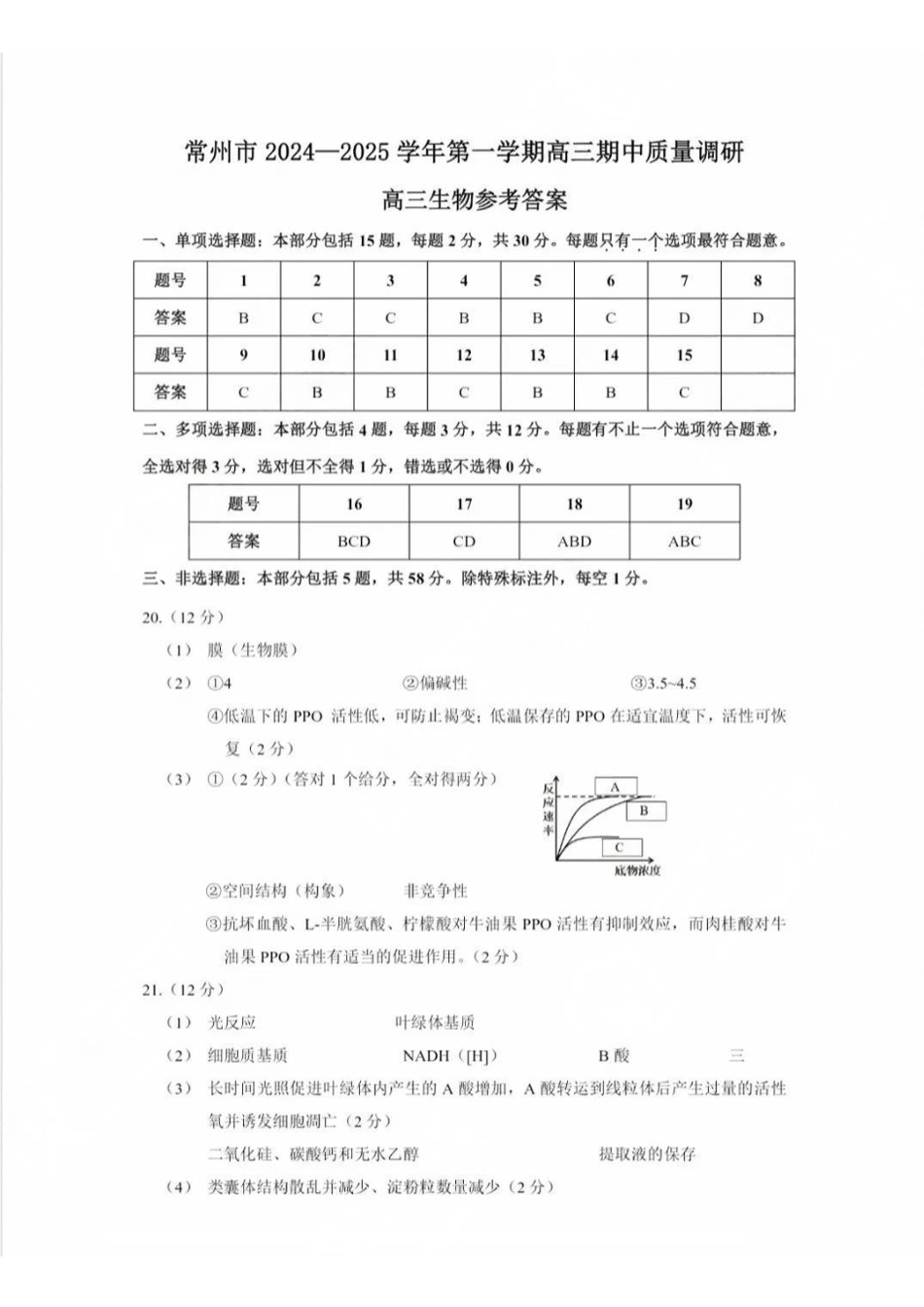 江苏省常州市2024-2025学年高三上学期期中考试生物_生物答案.pdf_第1页