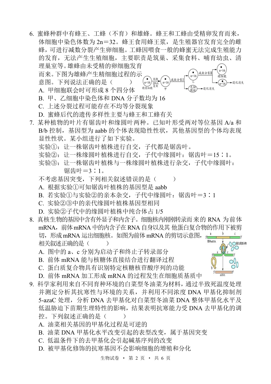 宁夏吴忠市高三上学期学业水平适应性考试生物.pdf_第2页