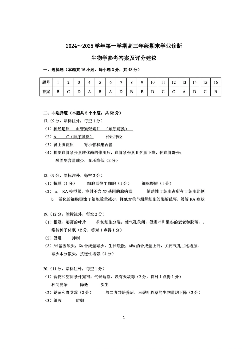 山西太原2024-2025学年高三期末学业诊断生物答案.pdf_第1页