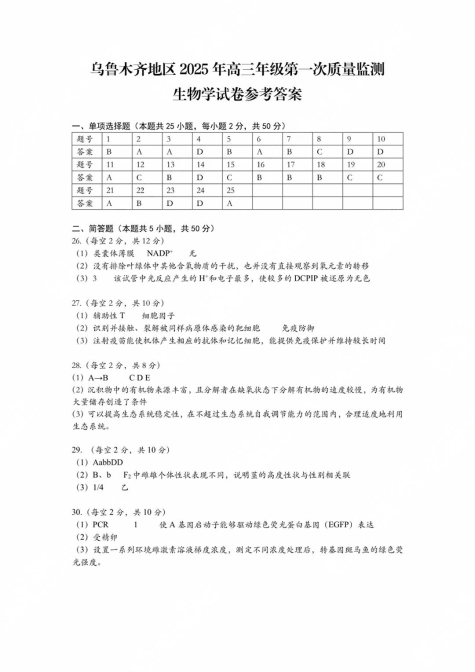 新疆乌鲁木齐地区 2025 年高三年级第一次质量监测生物答案.pdf_第1页