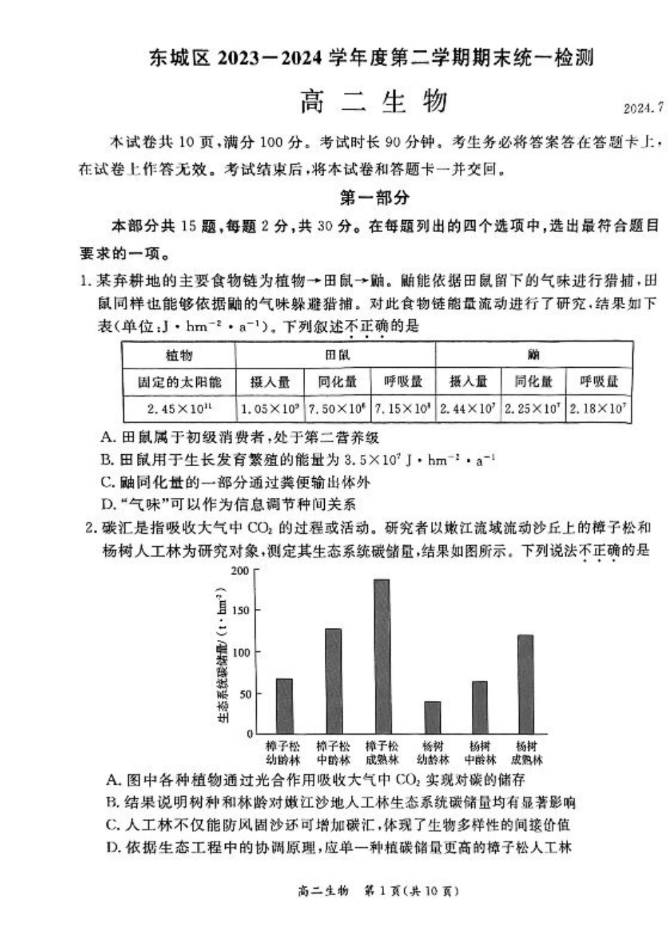 2024北京东城高二（下）期末生物试题及答案.pdf_第1页