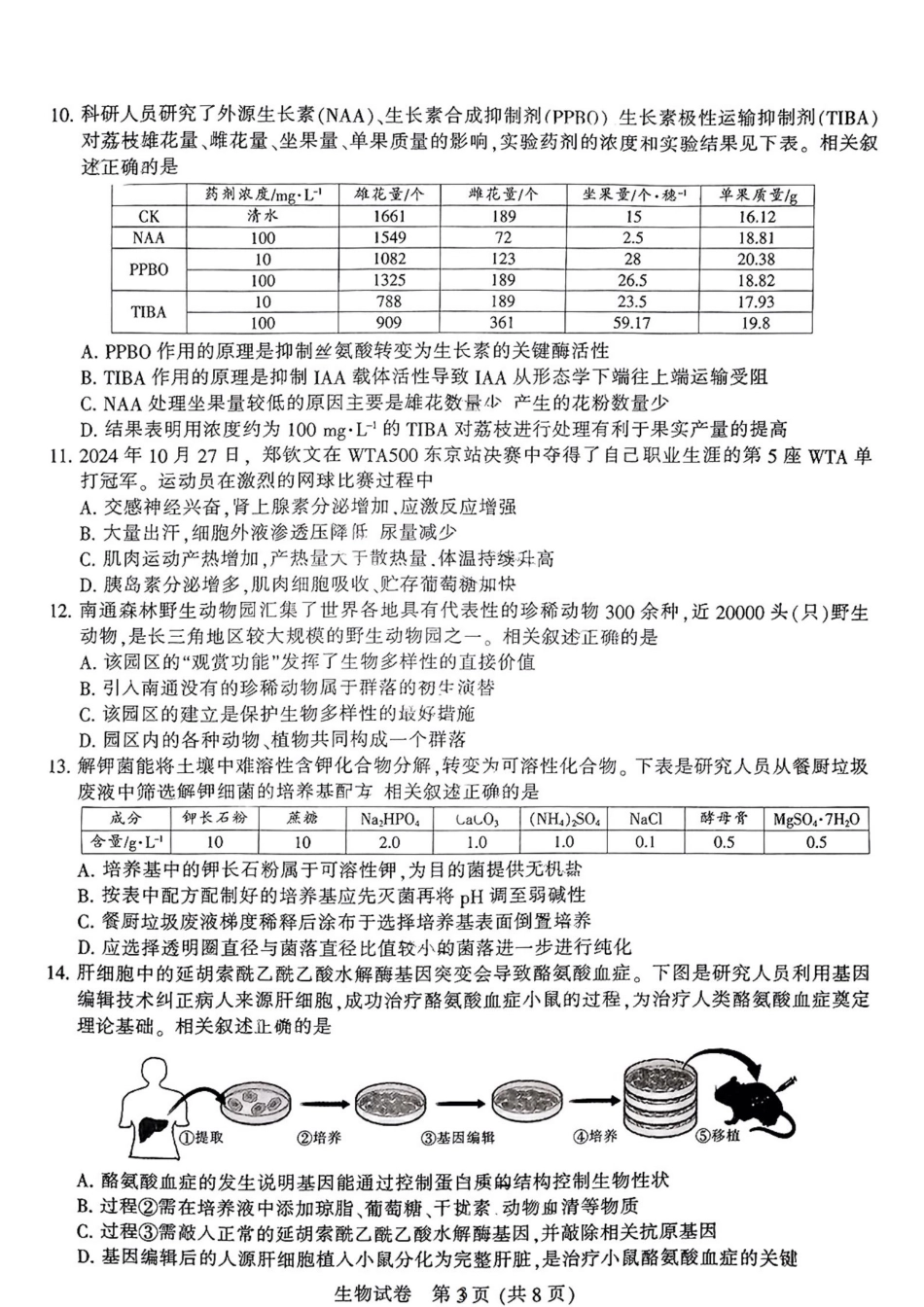 江苏省南通市2024-2025学年高三上学期第一次调研测试生物+答案.pdf_第3页