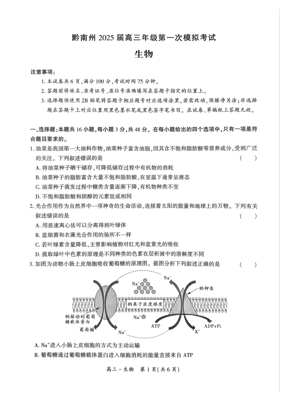 2025届贵州省黔南州高三上学期第一次模拟考试生物试题.pdf_第1页
