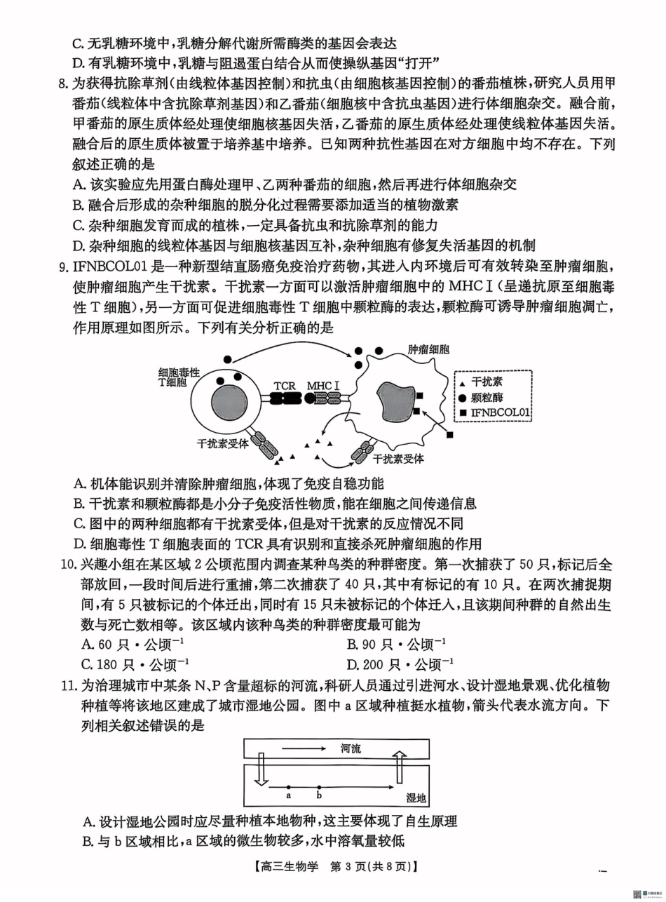 2025届河北省“五个一”名校联盟高三下学期4月联考生物试题（含答案）.pdf_第3页