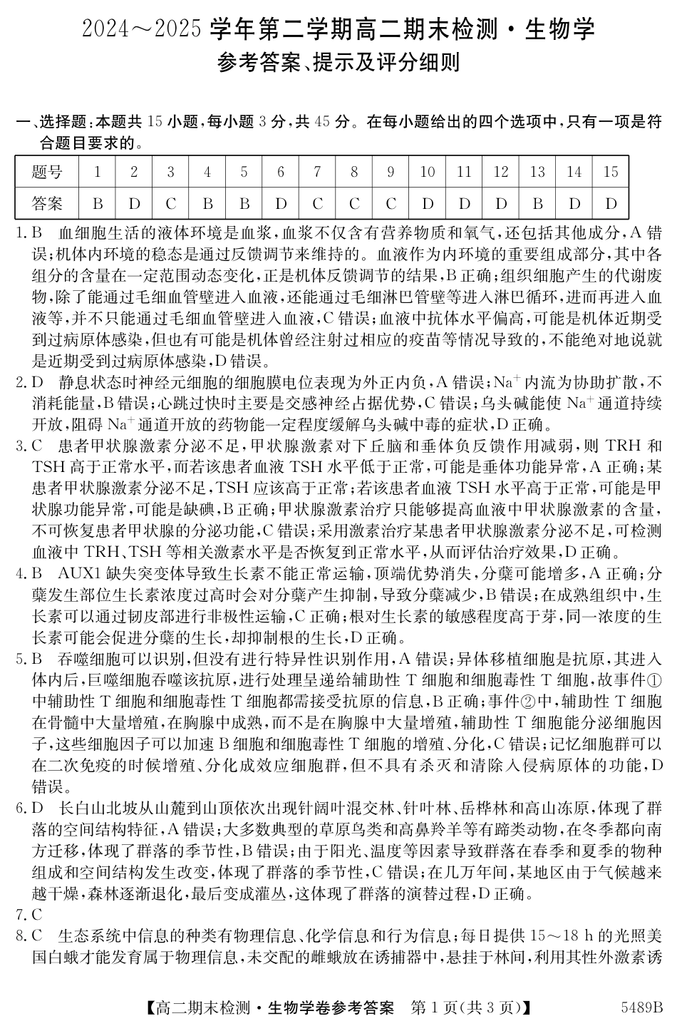 安徽省县中联盟2024-2025学年第二学期高二期末检测（全科）_5489B 生物学答案.pdf_第1页
