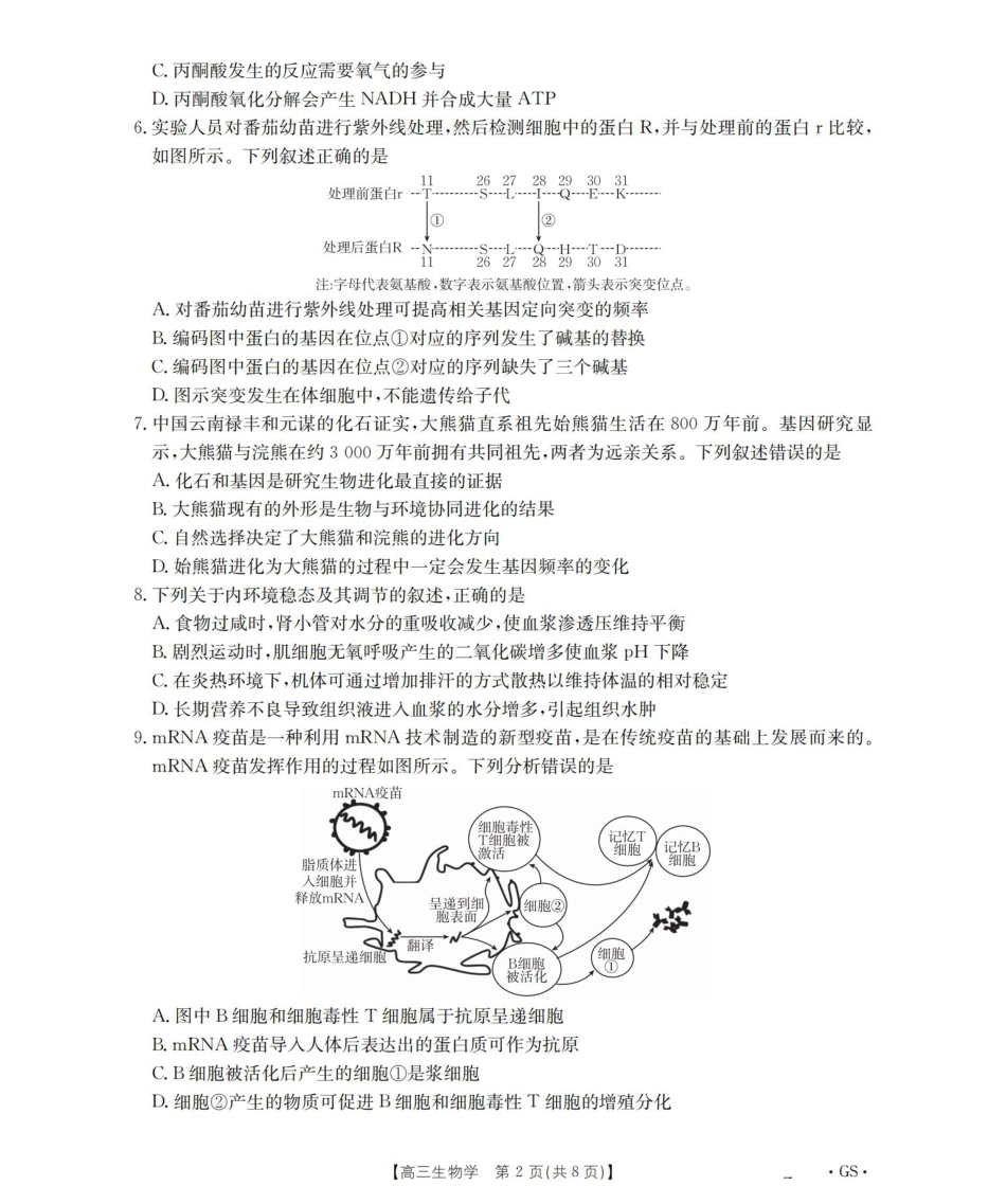 甘肃省2026届高三9月开学联考（GS）生物.pdf_第2页