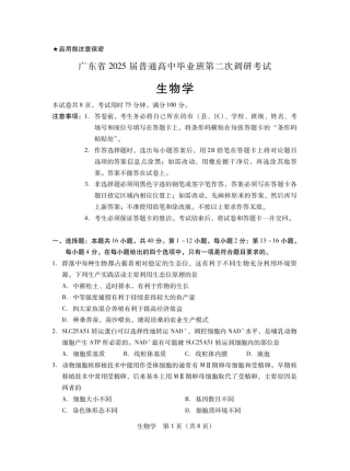 广东省2025届普通高中毕业班第二次调研考试生物试卷_11月调考·生物试卷.pdf
