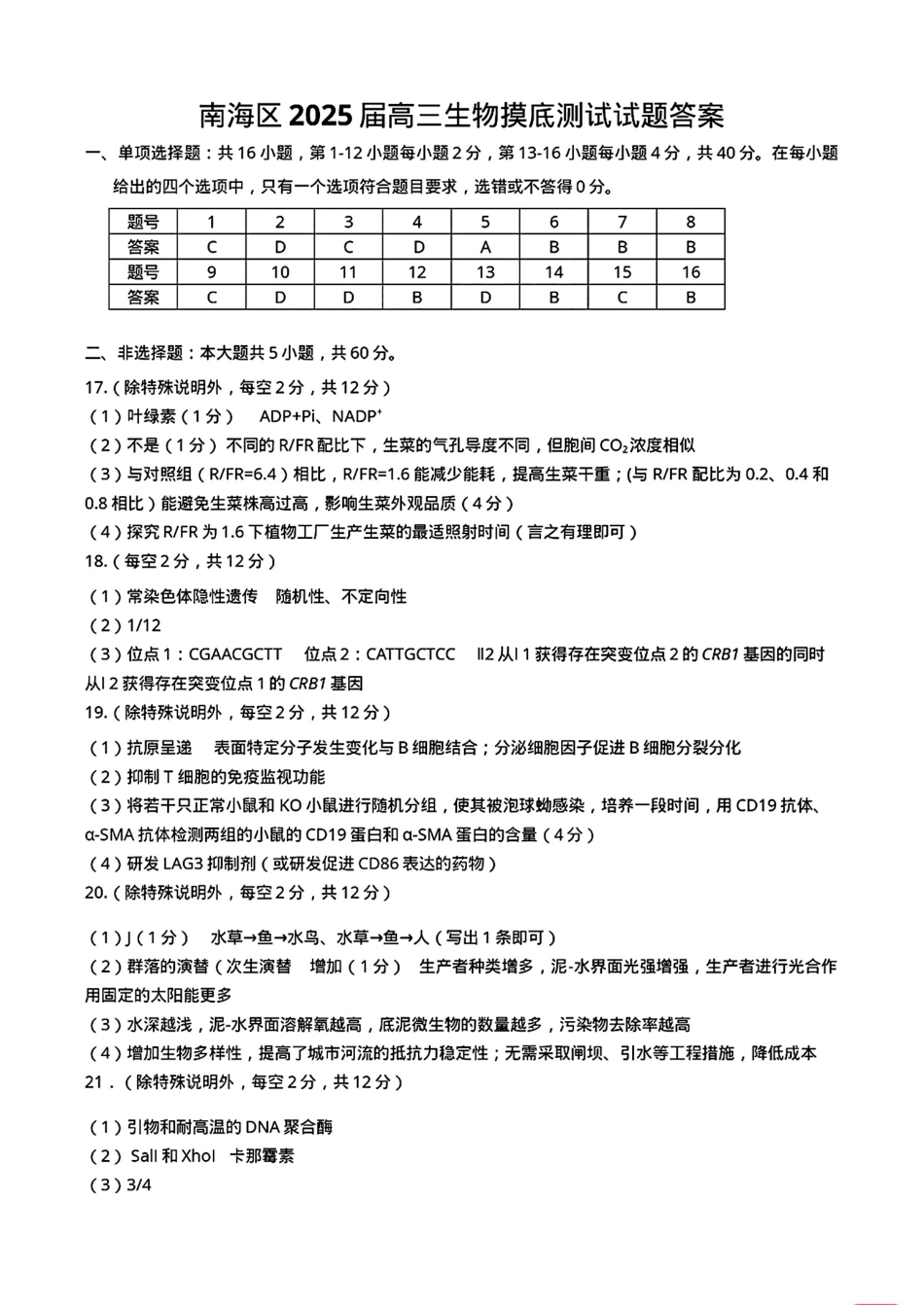广东省佛山市南海区2024-2025学年高三上学期开学摸底测试_生物答案.pdf_第1页