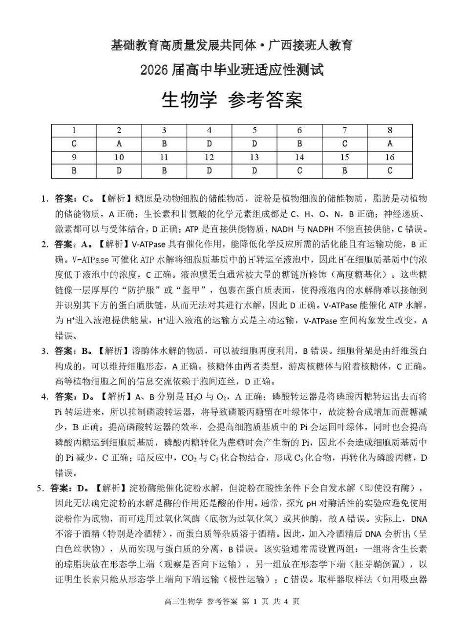 广西接班人教育2026届高中毕业班适应性测试生物答案.pdf_第1页