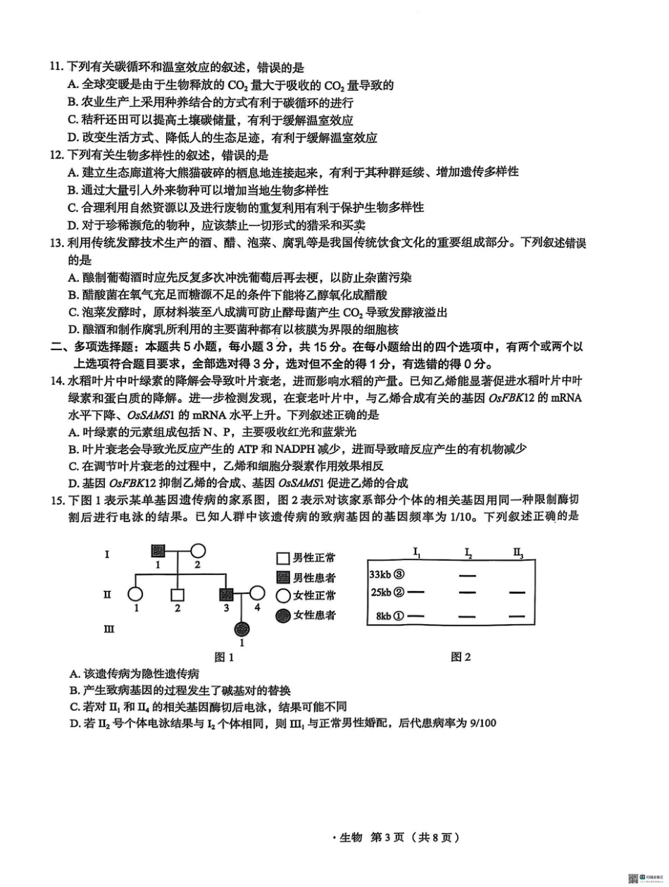 河北省2025届高三学生全过程纵向评价（四）生物试题（含答案）.pdf_第3页