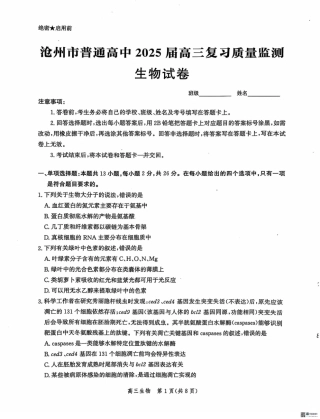河北省沧州市2024-2025学年高三上学期10月复习质量监测生物试题.pdf