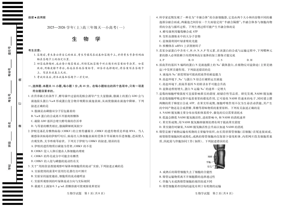 河南省2025-2026学年（上）高三年级小高考（一）生物.pdf_第1页