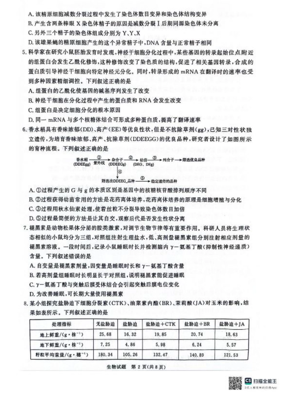 河南省2025届高三青桐鸣3月大联考生物试题+答案.pdf_第2页