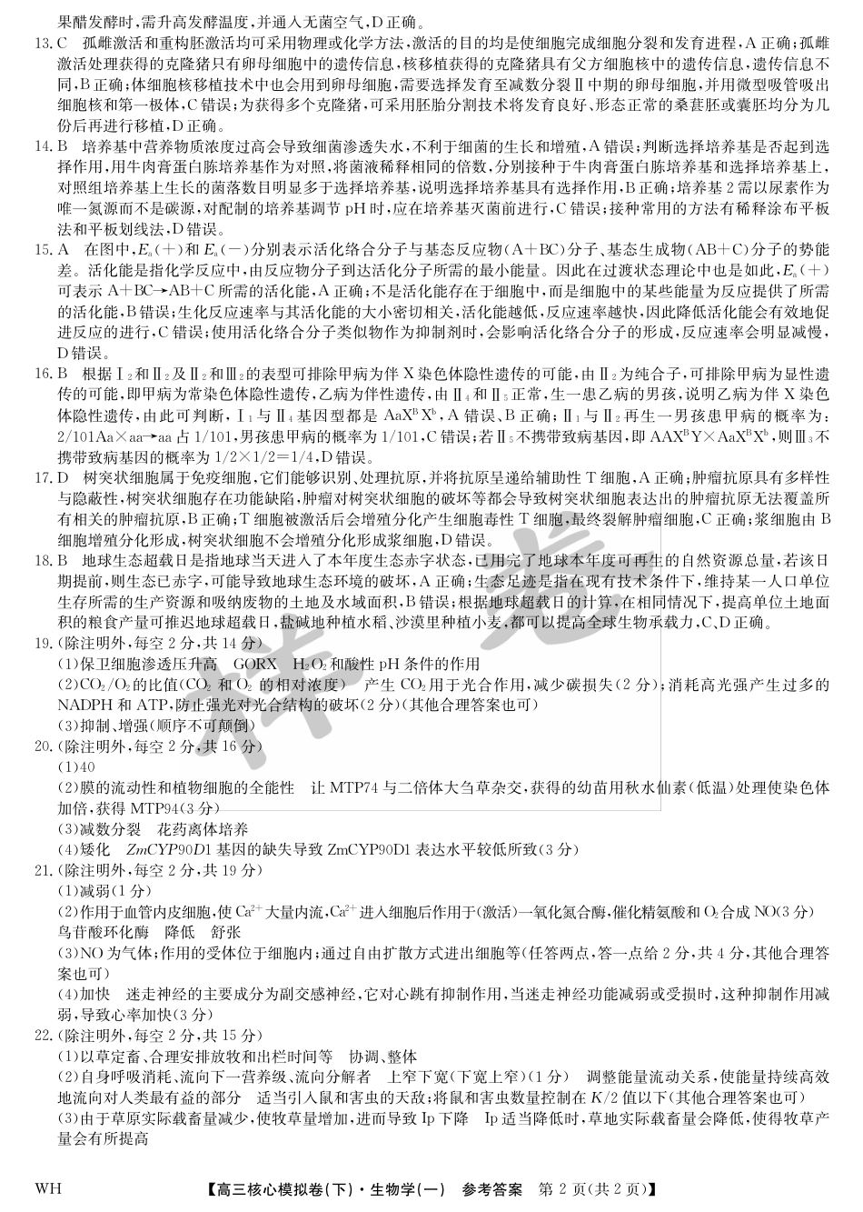 湖北省2025届九师联盟核心模拟卷（下）（样卷）生物答案.pdf_第2页