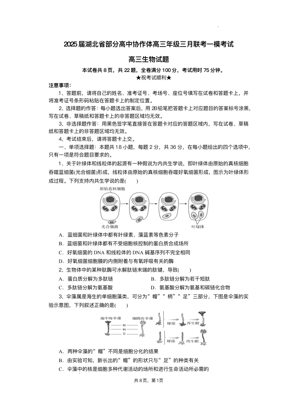 湖北省部分高中协作体2025届高三下学期3月一模联考生物试题（含解析）.pdf_第1页