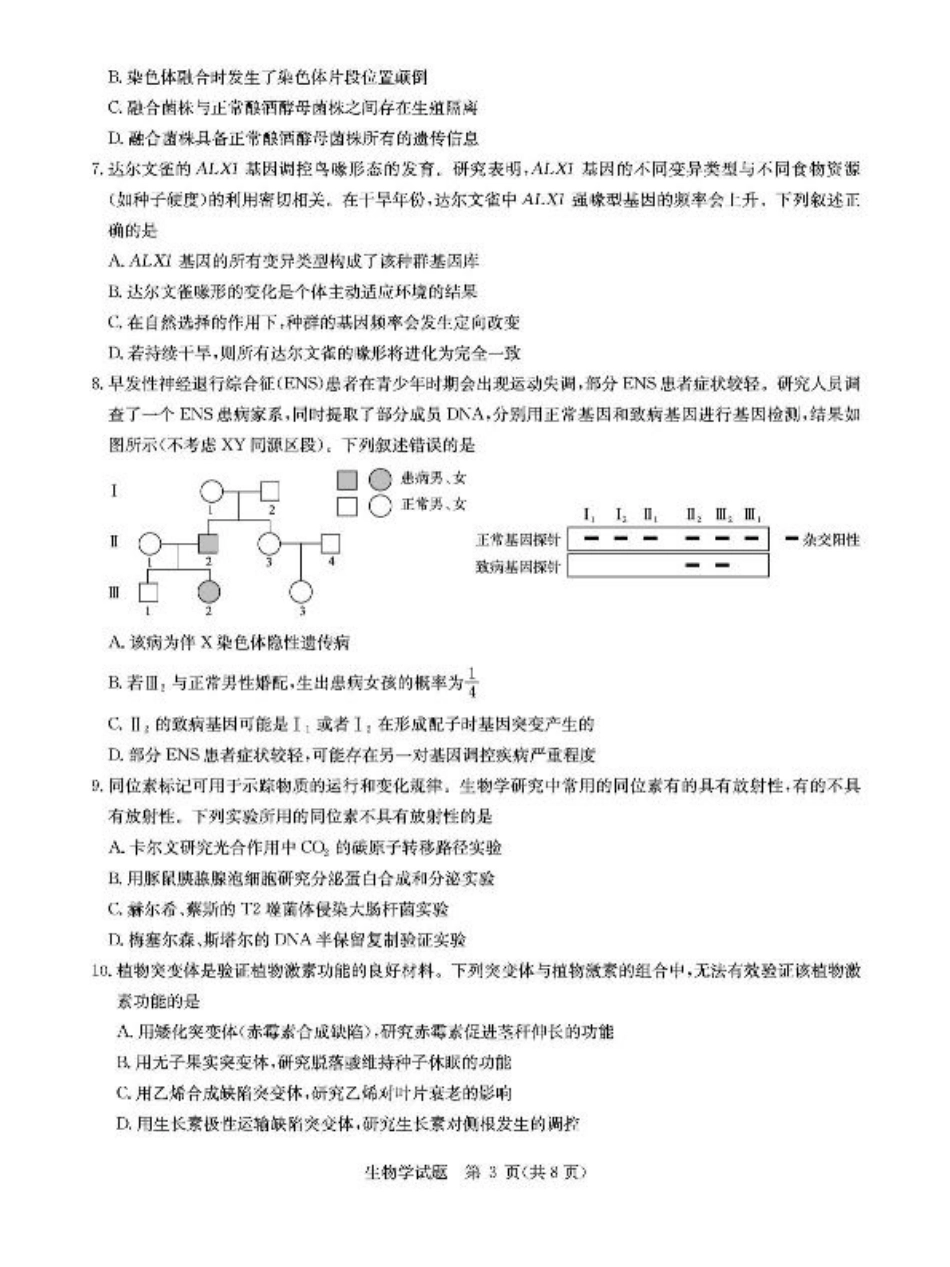 华大新高考联盟2026届高三上学期9月教学质量测评生物试卷(图片版含解析).pdf_第3页