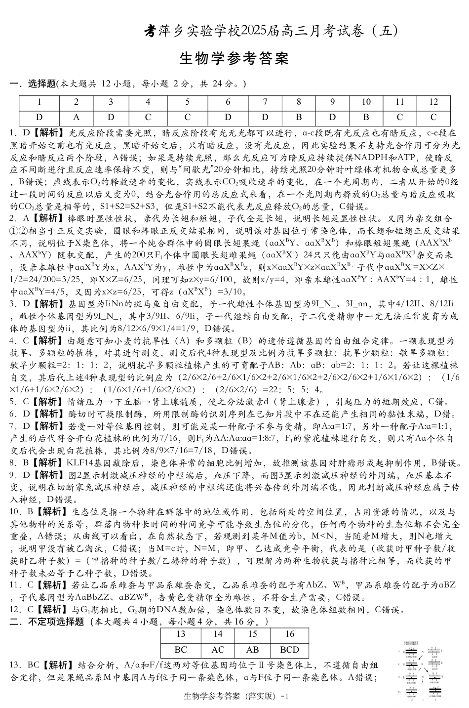 江西省萍乡市萍乡中学2025届高三上学期月考卷（五）生物答案.pdf_第1页