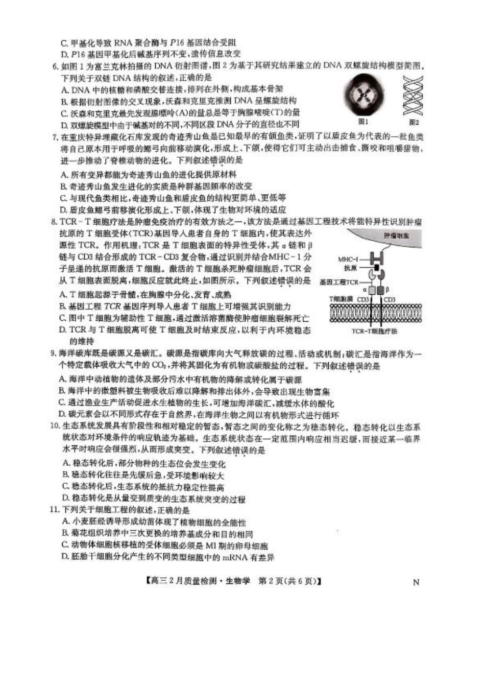 九师联盟2025届高三2月质量检测生物试题+答案.pdf_第2页