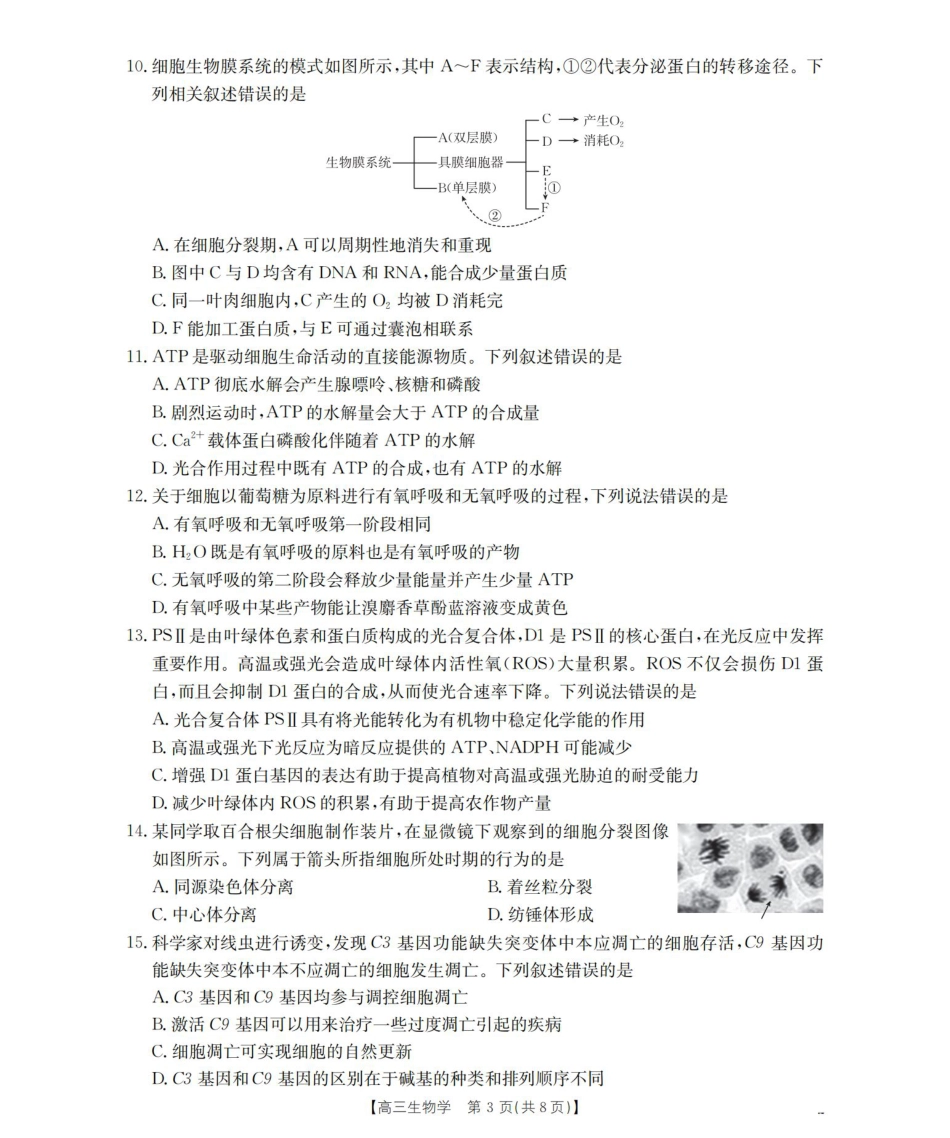 内蒙古2026届高三名校9月教学质量检测试卷（生物.pdf_第3页