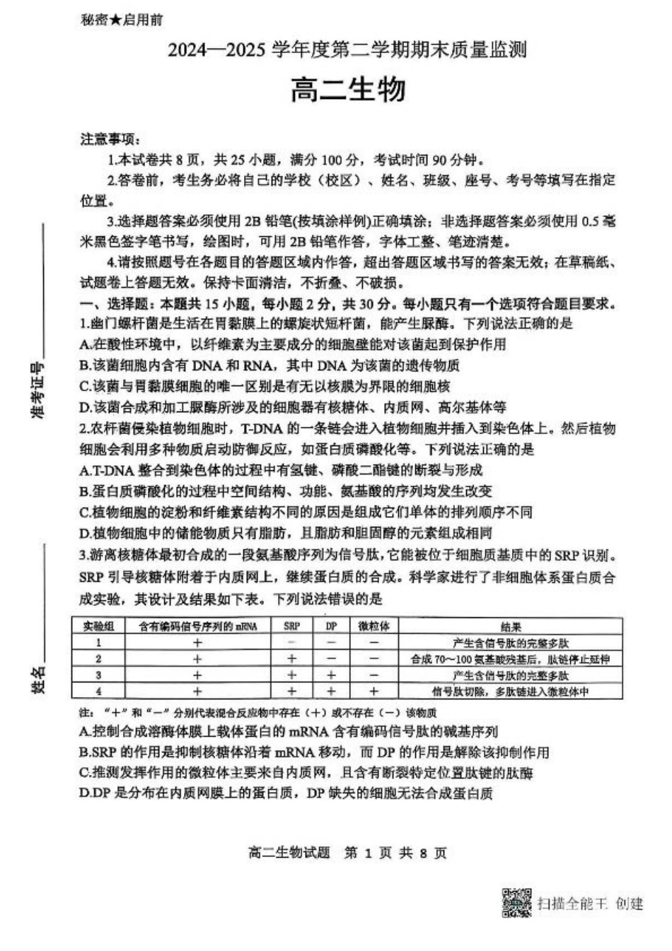 山东省东营市2024-2025学年高二下学期期末质量监测生物试卷（含答案）.pdf_第1页