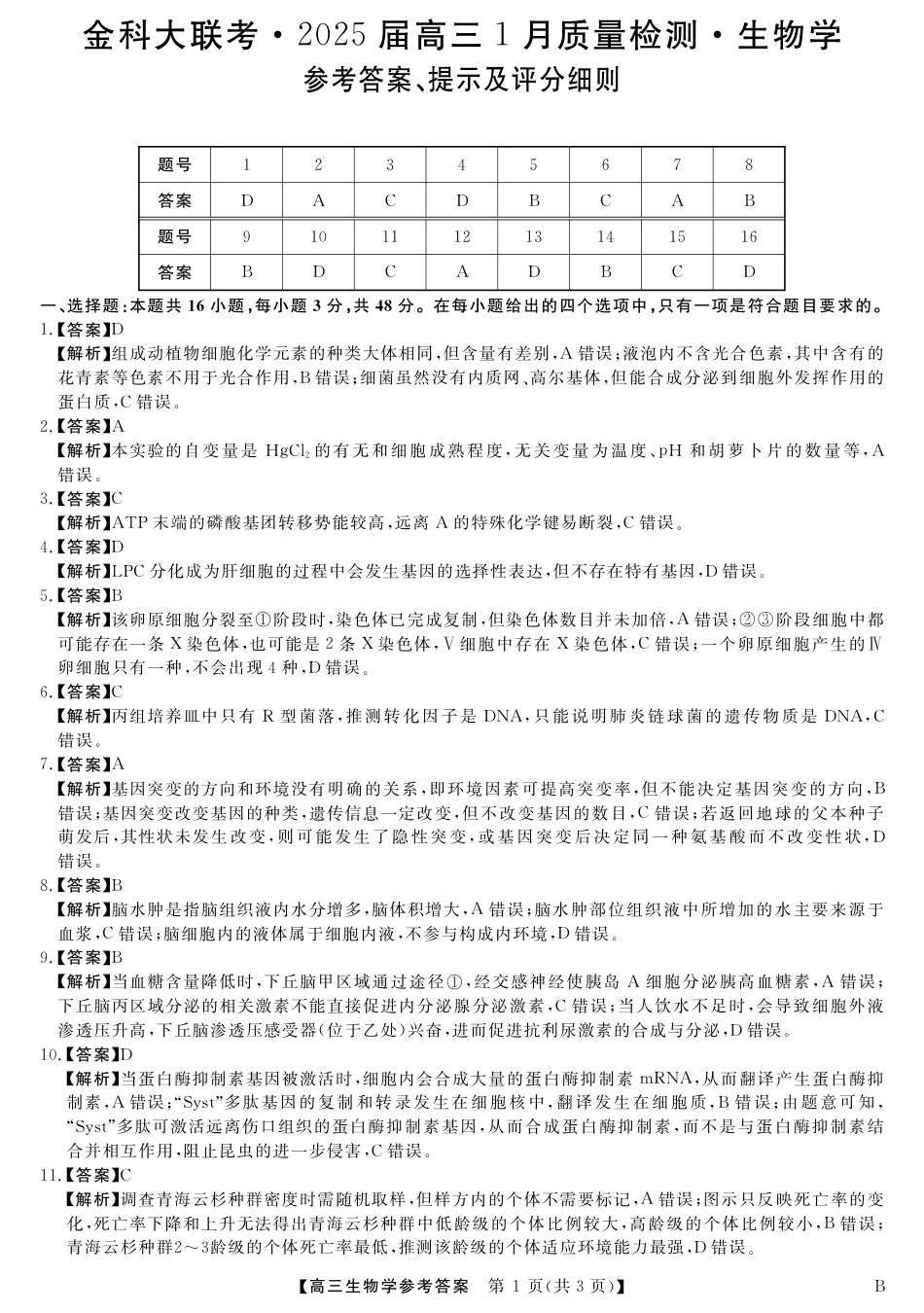 山西省金科大联考2025届高三1月质量检测（25272C-B）生物答案.pdf_第1页