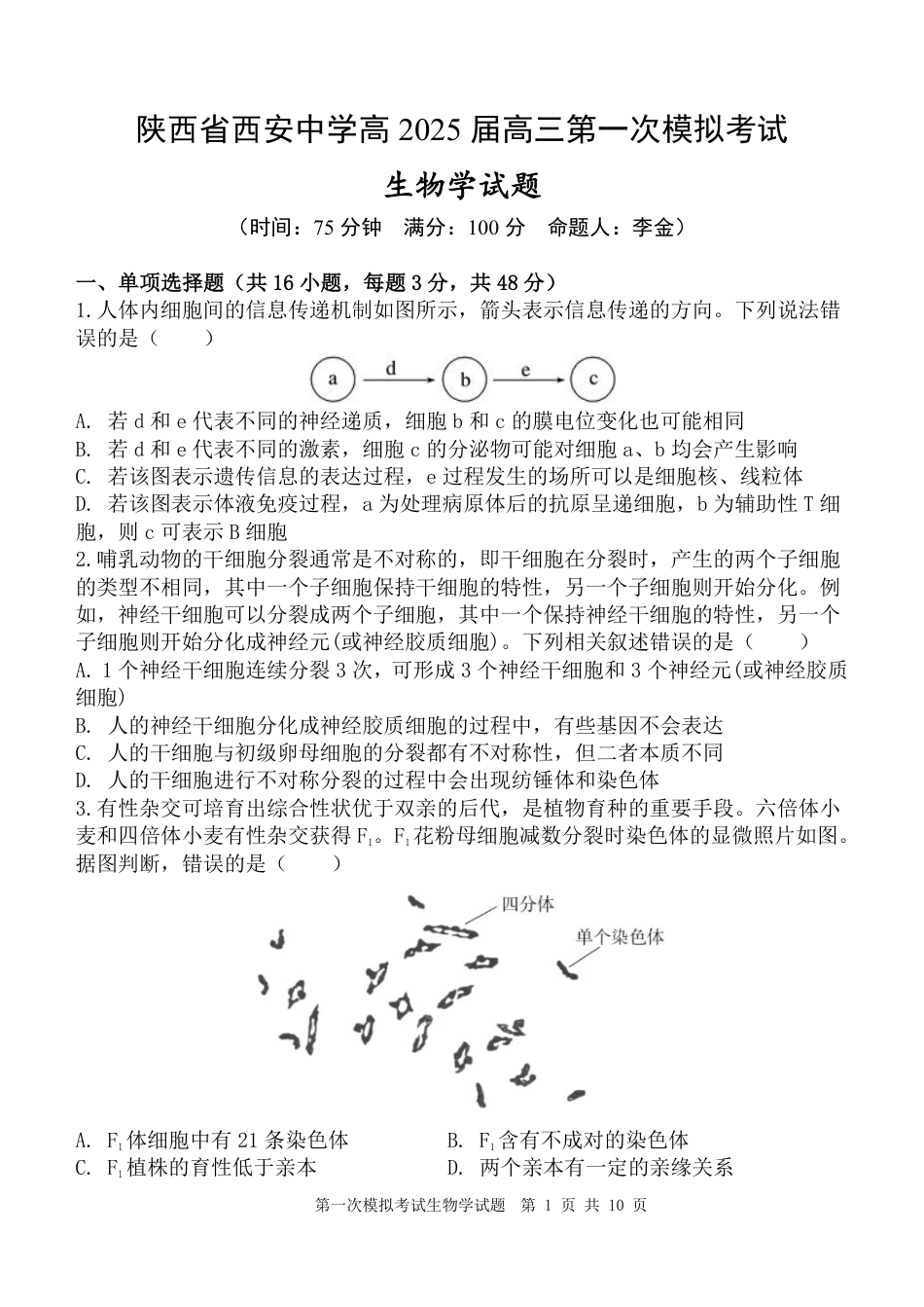 陕西省西安中学2025届高三下学期第一次模拟考试生物.pdf_第1页