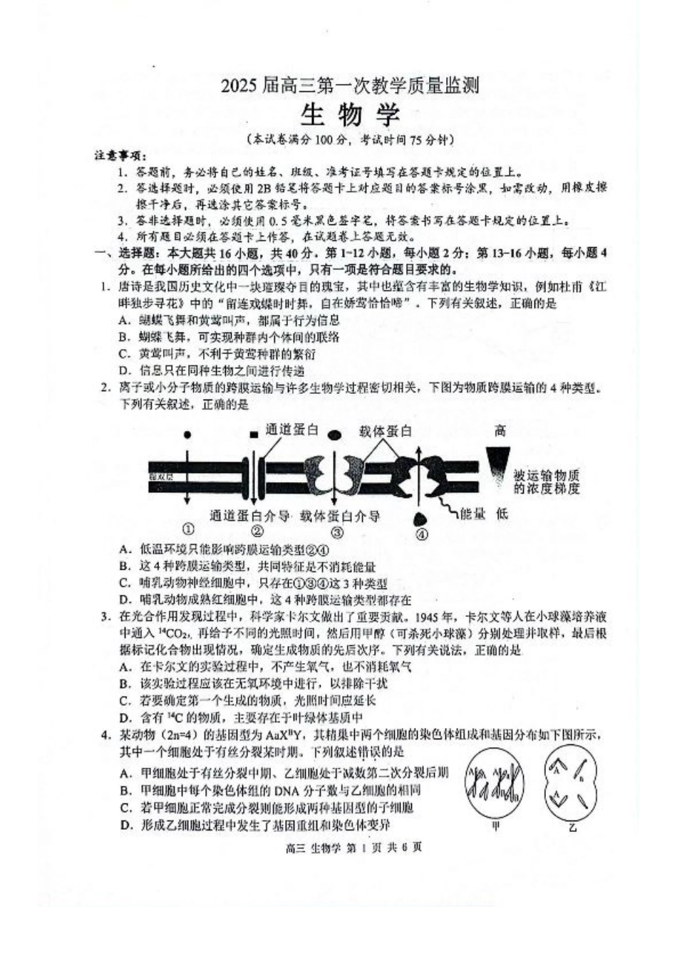 玉林2025届高三一模生物试卷.pdf_第1页