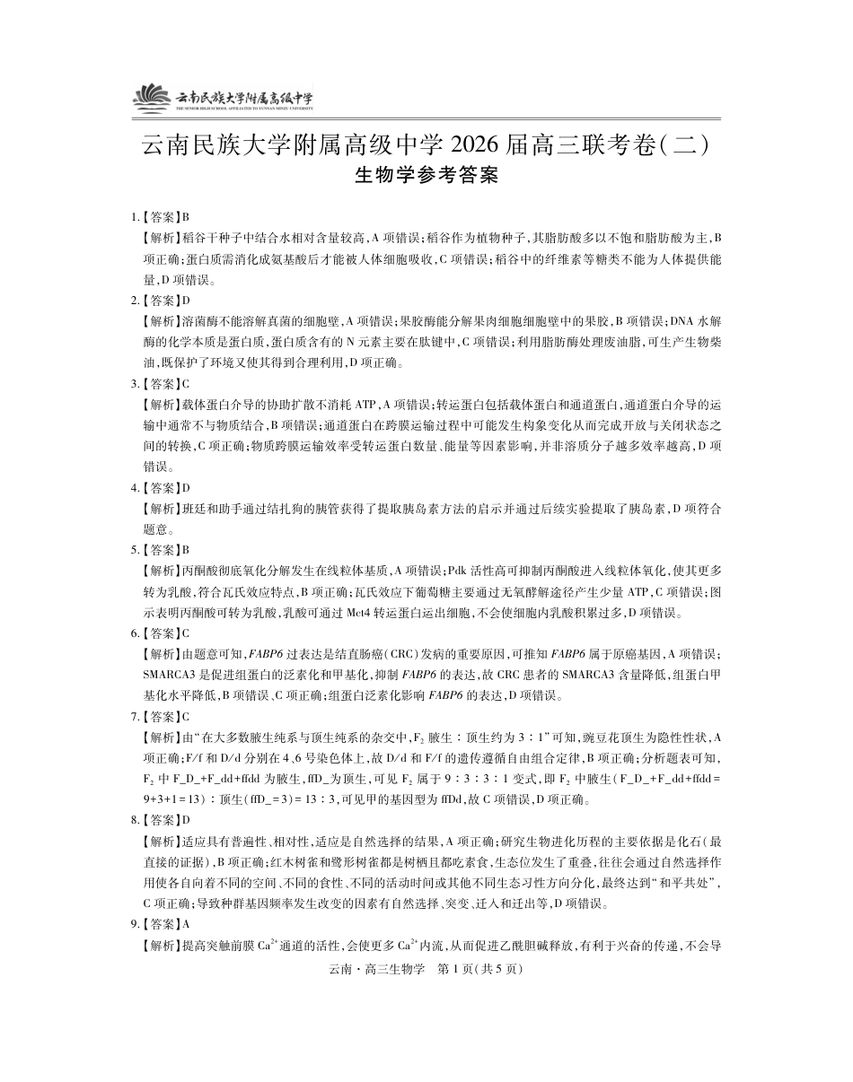 云南民族大学附属高级中学2026届高三联考卷（二）生物答案.pdf_第1页