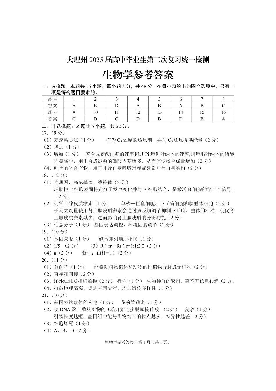 云南省大理州2025届高中毕业生第二次复习统一检测生物答案.pdf_第1页