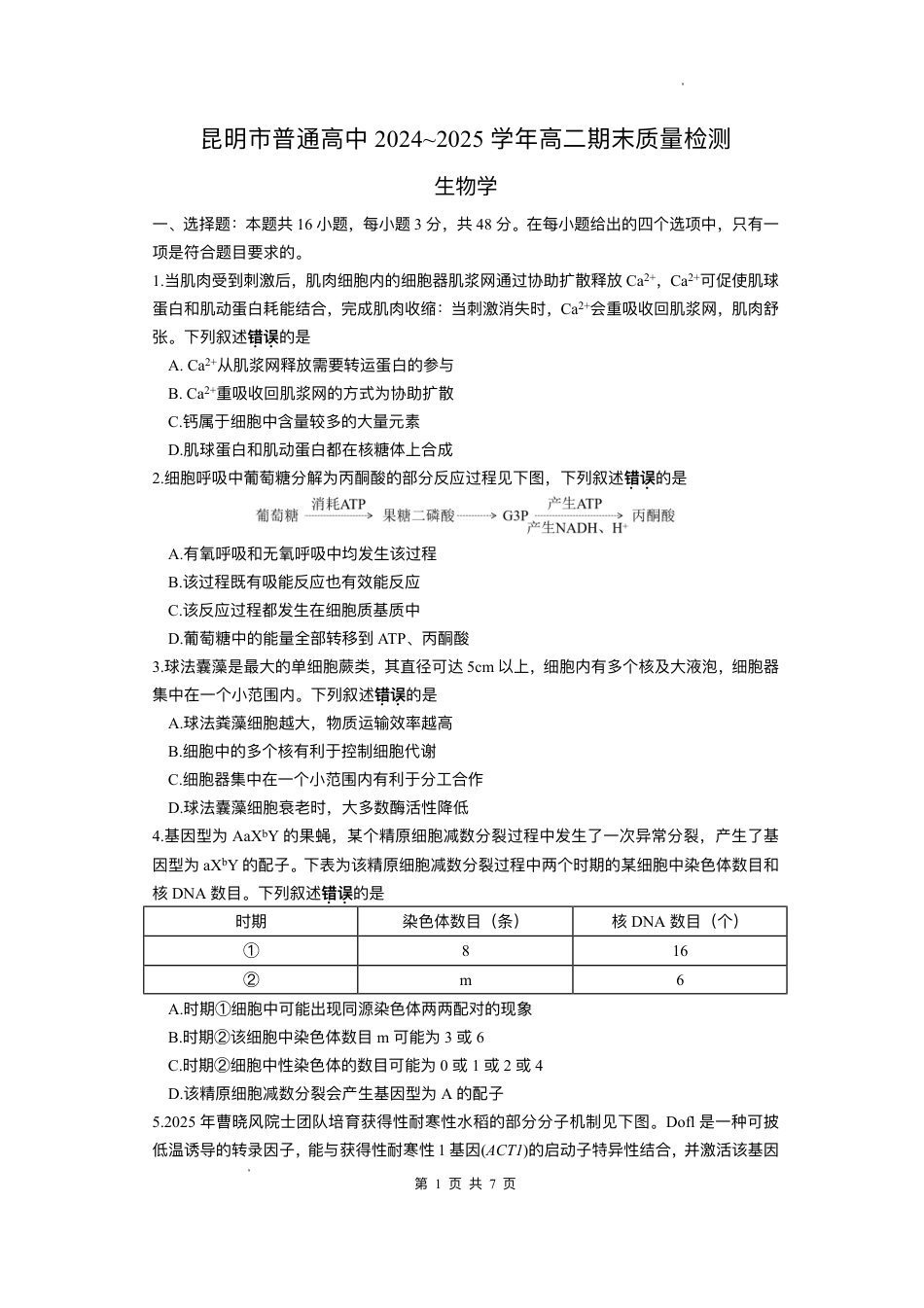 云南省昆明2024-2025学年高二下学期期末质量监测生物试卷（含答案）.pdf_第1页