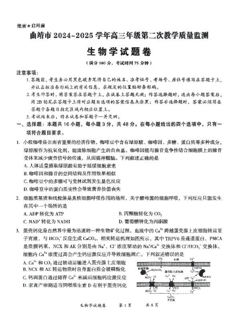云南省曲靖市2024-2025学年高三年级第二次教学质量监测生物.pdf_第1页