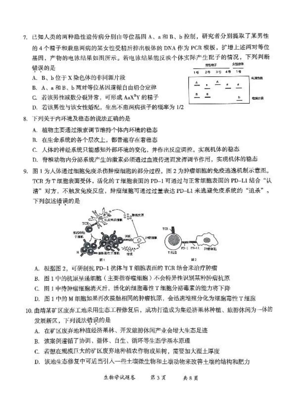 云南省曲靖市2025届高三上学期第一次教学质量监测生物.pdf_第3页