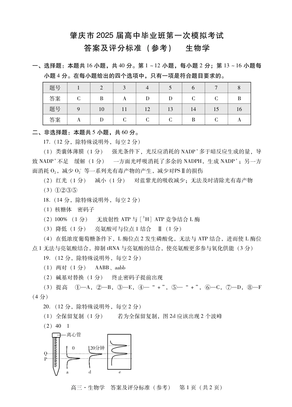 肇庆2025届高三一模·生物学答案.pdf_第1页